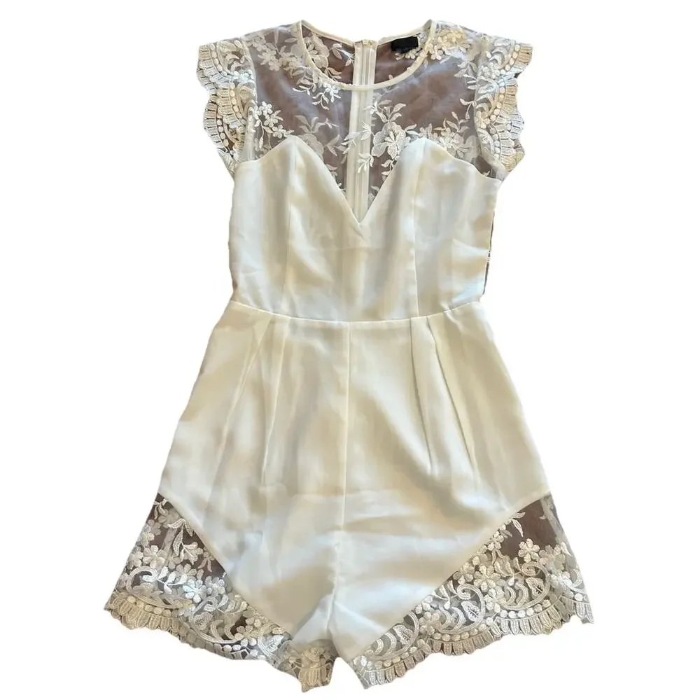 Revolve NBD Sz X-Small Ivory Picnic Day Embroidered Sheer Lace Mesh Short Romper